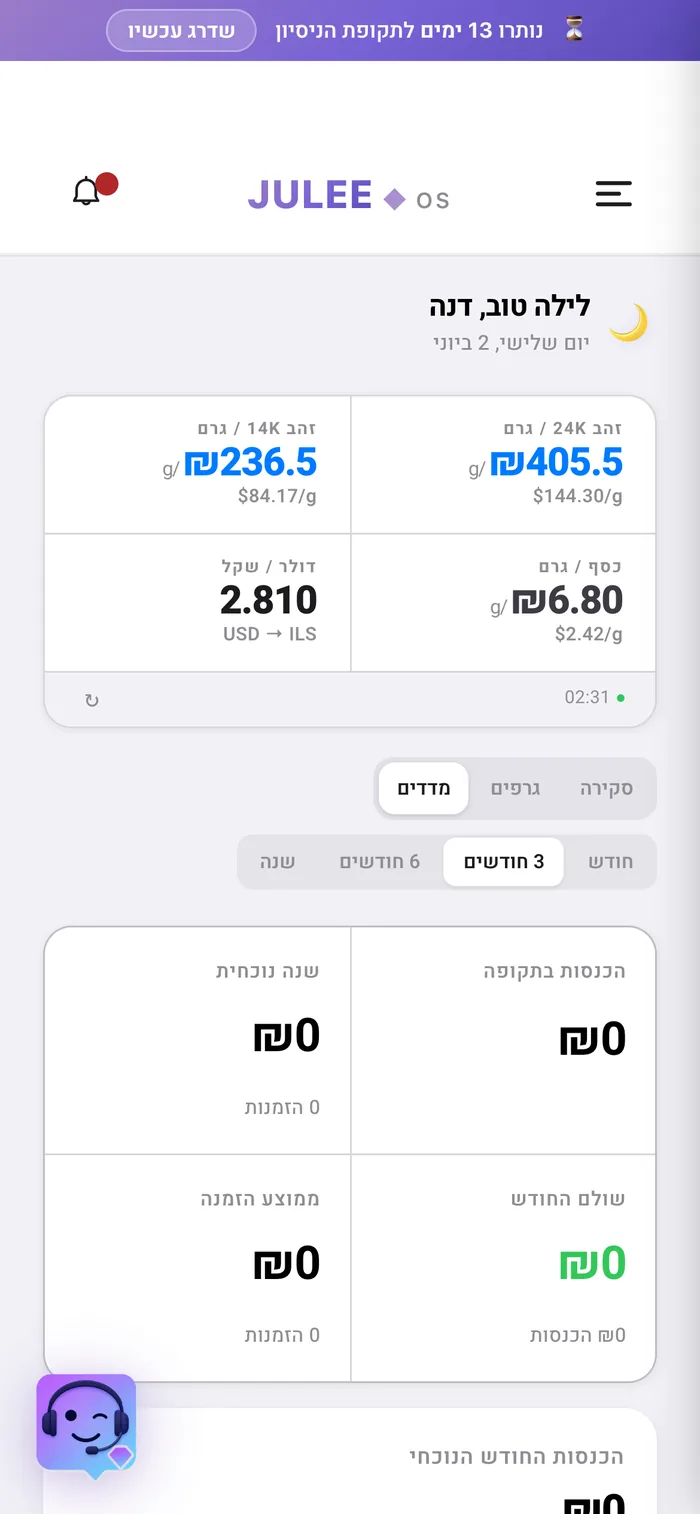 JULEE OS בנייד — דשבורד